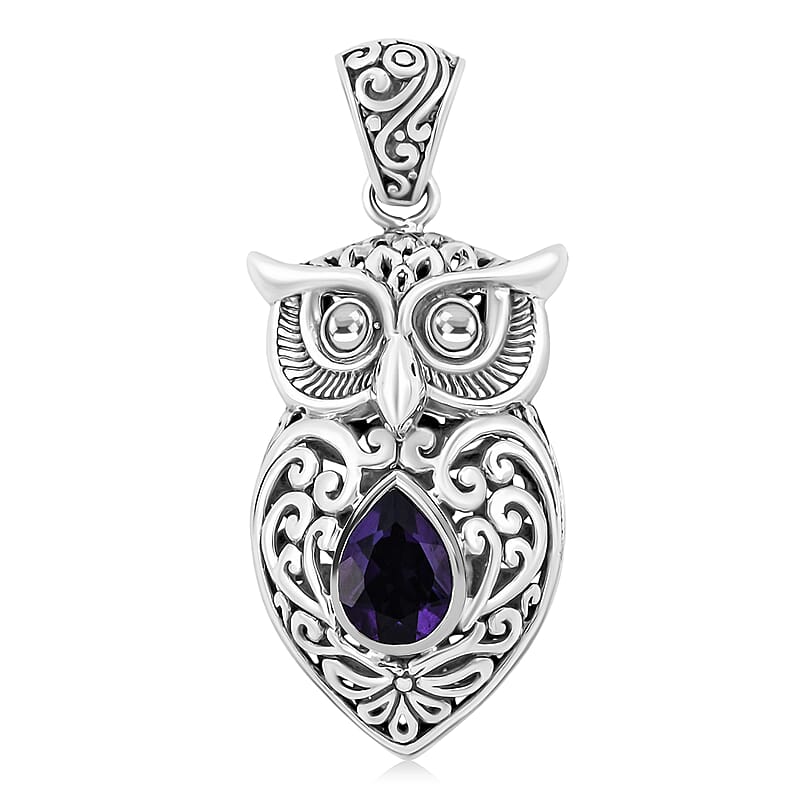 Bali Legacy Amethyst 2.35 ctw Owl Pendant without in Sterling Silver