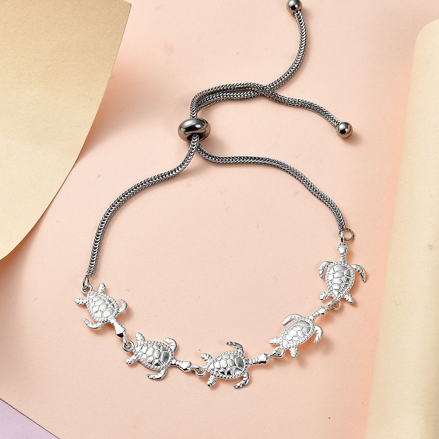 D'Joy Sterling Silver Turtle Bracelet with Stainless Steel Bolo Chain