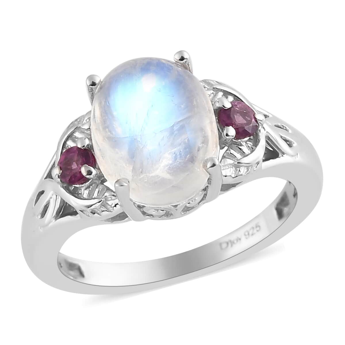 Rainbow Moonstone and Orissa Rhodolite Garnet Ring in Platinum Over Sterling Silver 3.10 ctw image number 0