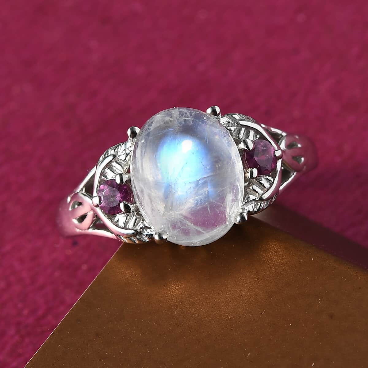 Rainbow Moonstone and Orissa Rhodolite Garnet Ring in Platinum Over Sterling Silver 3.10 ctw image number 1