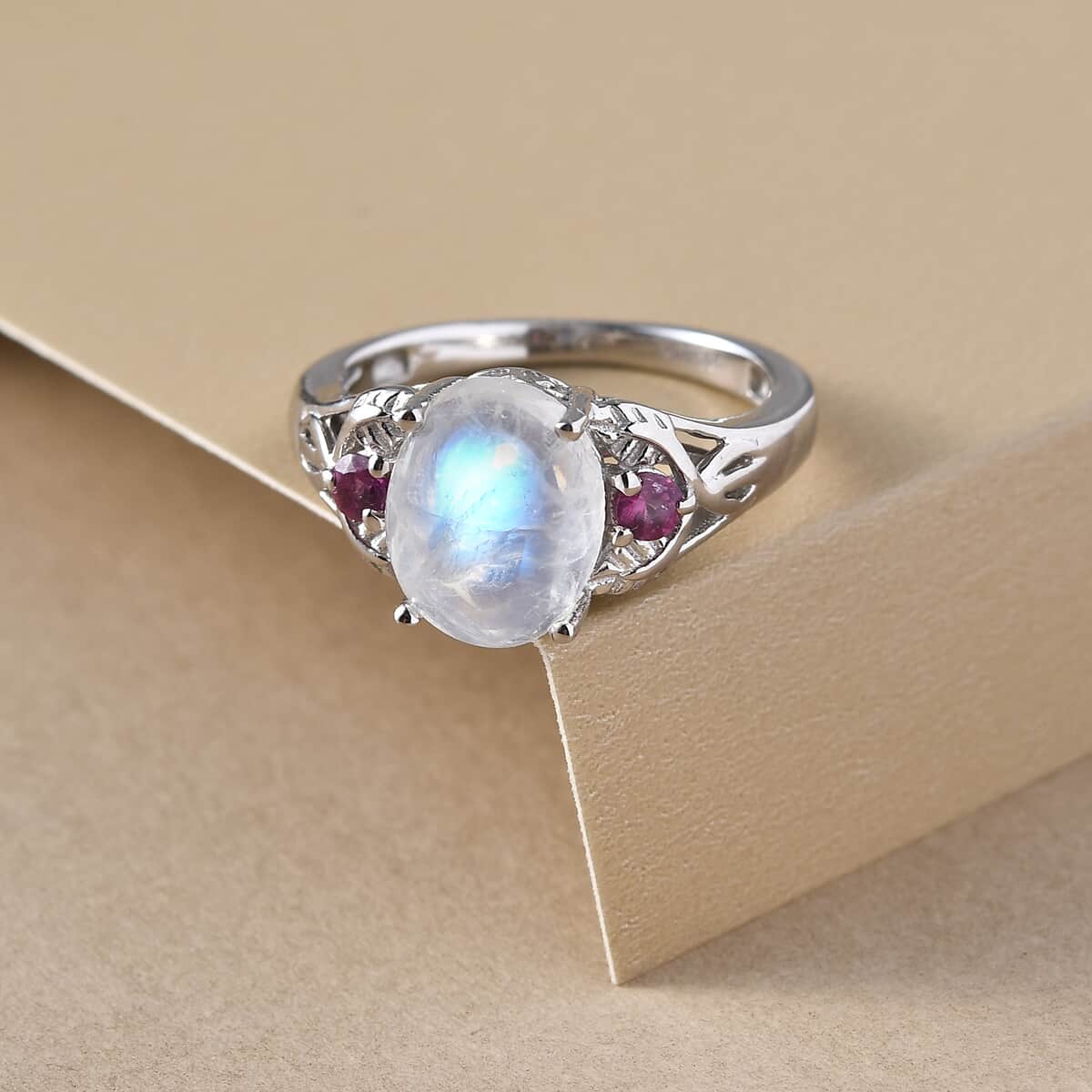 Rainbow Moonstone and Orissa Rhodolite Garnet Ring in Platinum Over Sterling Silver 3.10 ctw image number 2