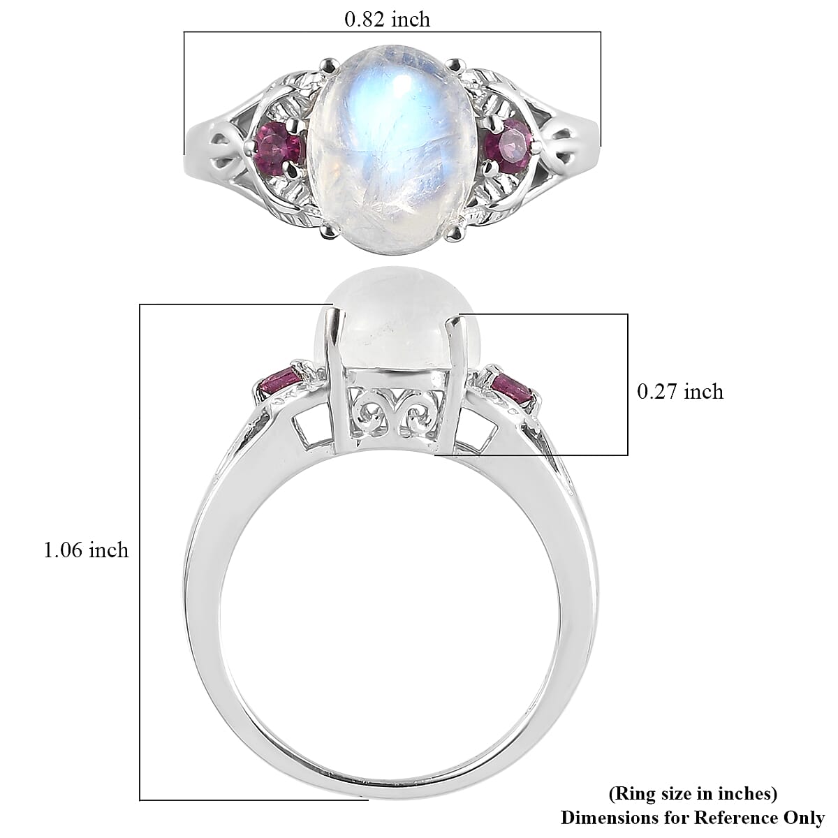 D'Joy Kuisa Rainbow Moonstone and Orissa Rhodolite Garnet Ring in Platinum Over Sterling Silver (Size 10.0) 3.25 ctw