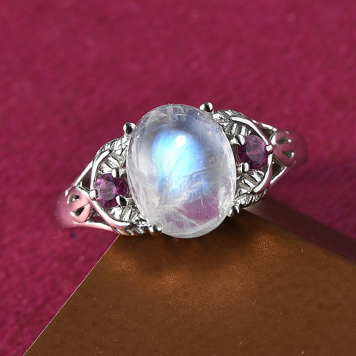 D'Joy Kuisa Rainbow Moonstone and Orissa Rhodolite Garnet Ring in Platinum Over Sterling Silver (Size 5.0) 3.25 ctw image number 1