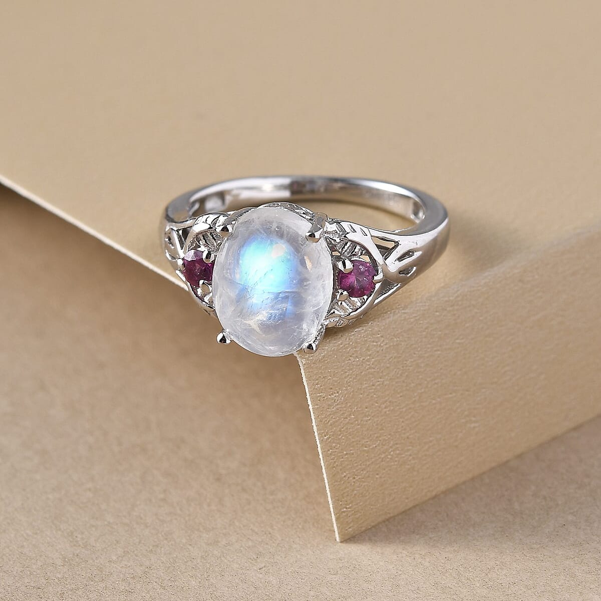 Kuisa Rainbow Moonstone and Rhodolite Garnet Ring in Platinum Over Sterling Silver (Size 8.0) 3.50 ctw image number 2