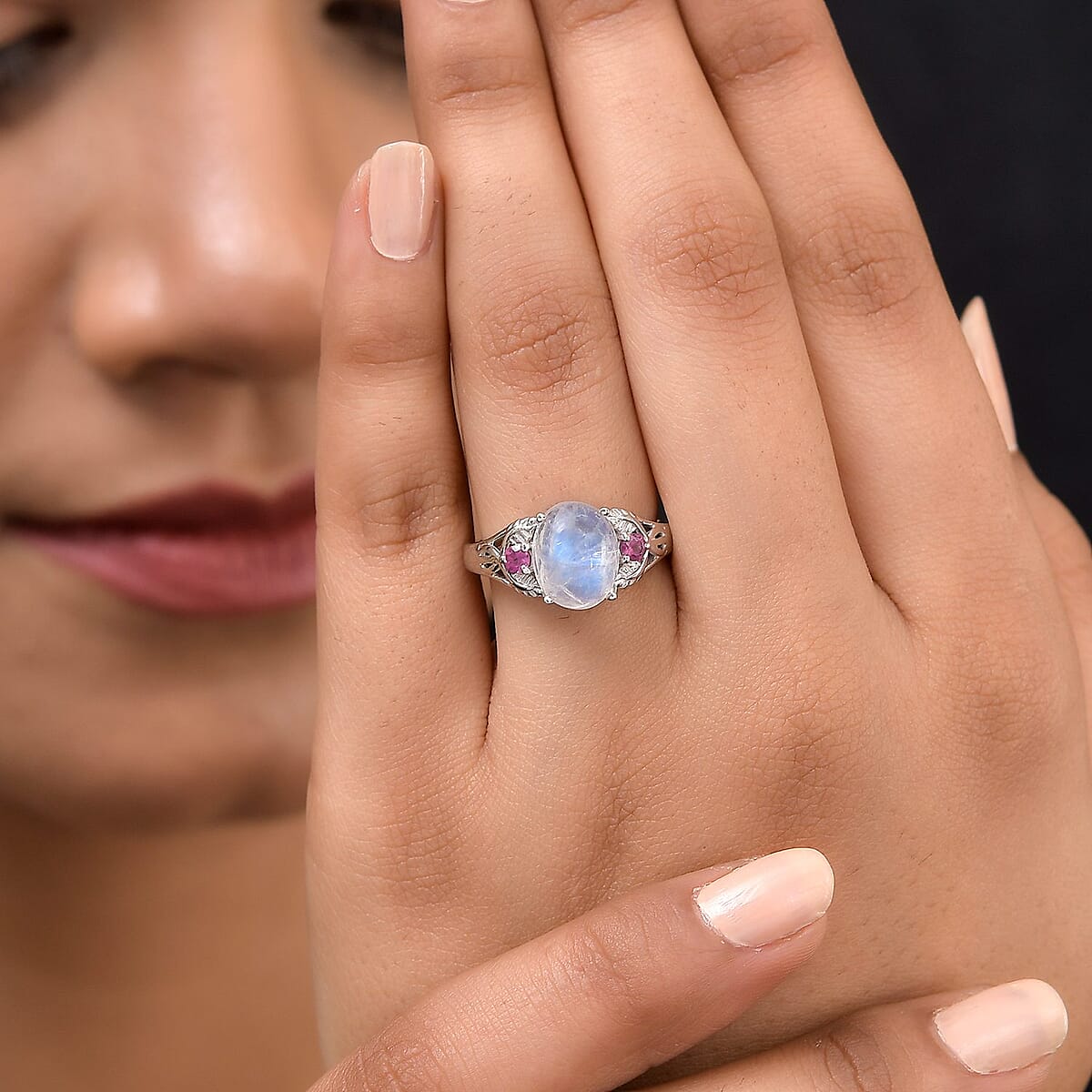 Kuisa Rainbow Moonstone and Rhodolite Garnet Ring in Platinum Over Sterling Silver (Size 8.0) 3.50 ctw image number 4
