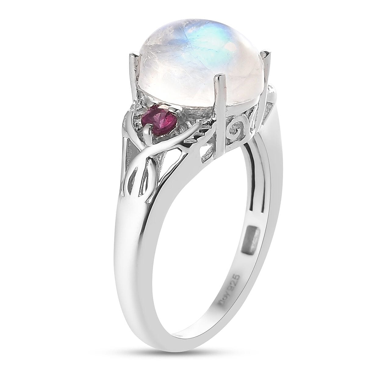 Kuisa Rainbow Moonstone and Rhodolite Garnet Ring in Platinum Over Sterling Silver (Size 8.0) 3.50 ctw image number 5