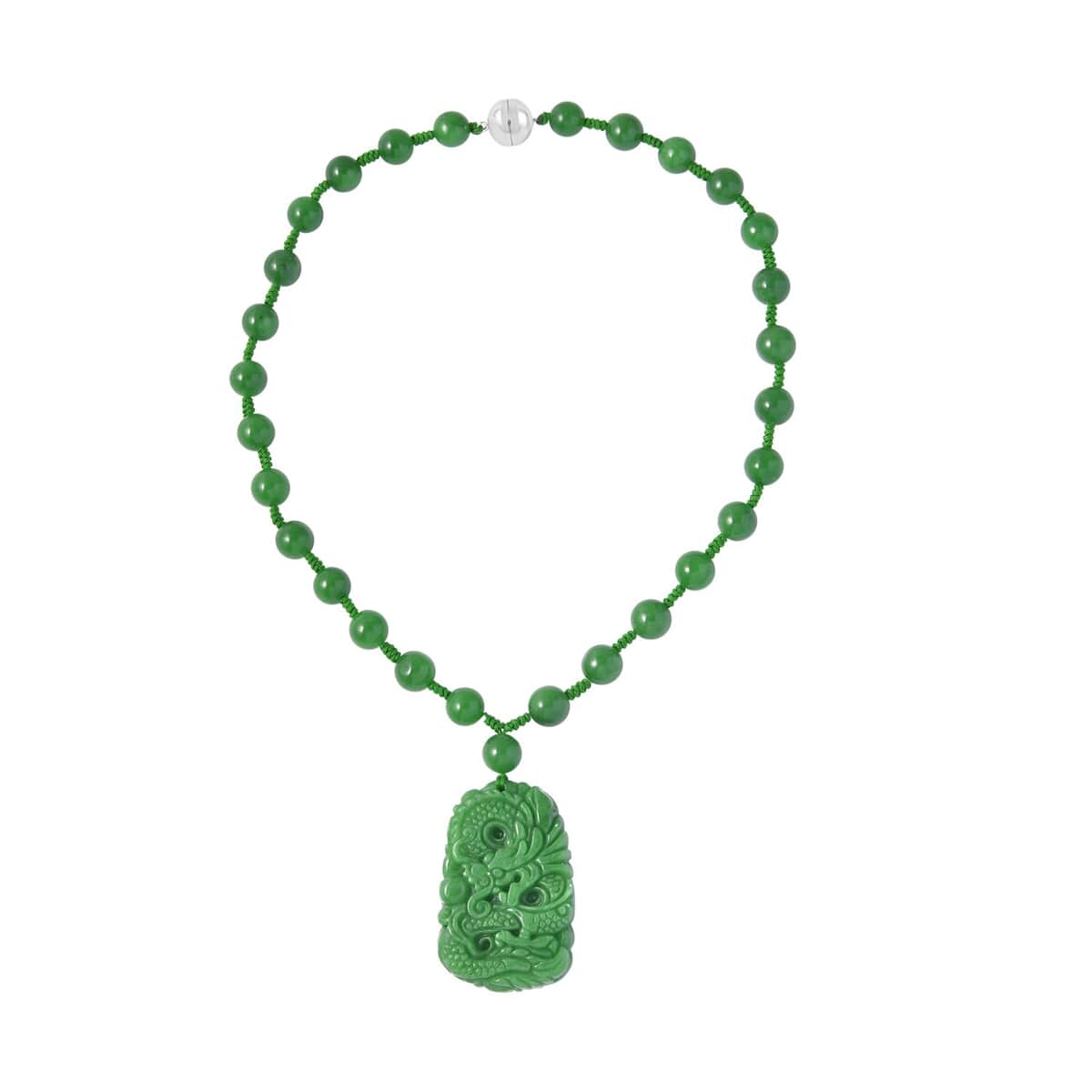 Green Jade Dragon Carved Pendant with Beaded Necklace 18 Inches in Sterling Silver 553.50 ctw image number 0