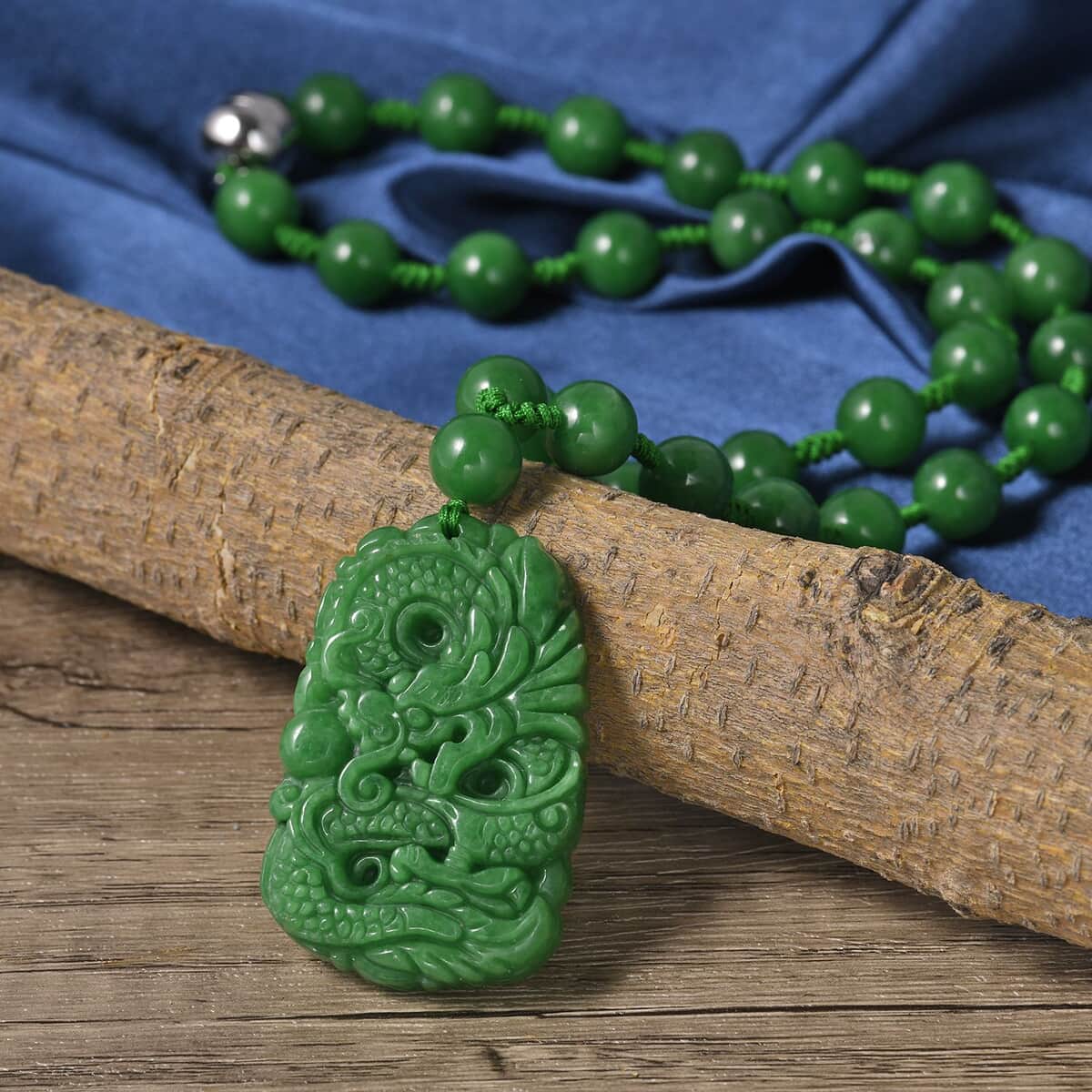 Green Jade Dragon Carved Pendant with Beaded Necklace 18 Inches in Sterling Silver 553.50 ctw image number 1