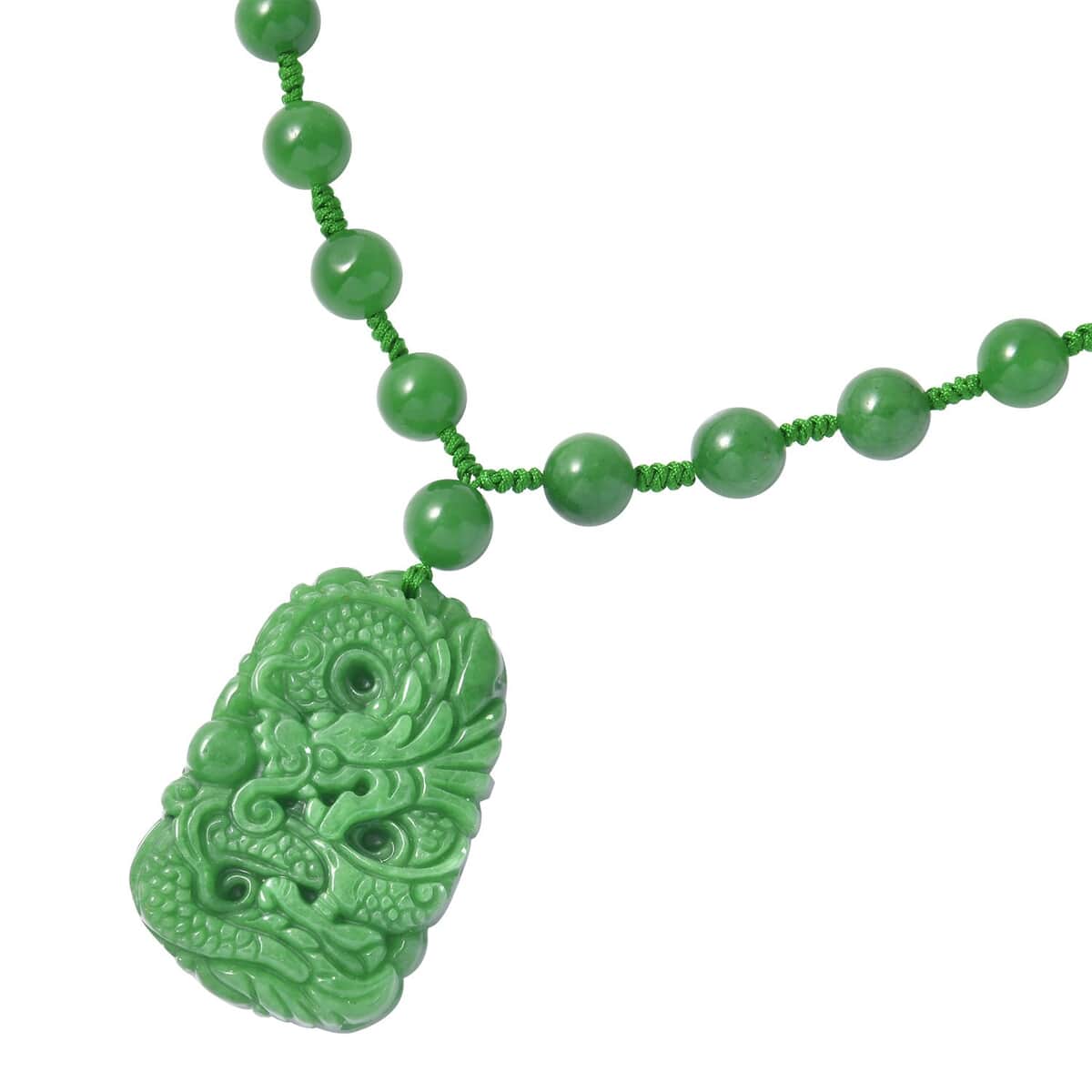 Green Jade Dragon Carved Pendant with Beaded Necklace 18 Inches in Sterling Silver 553.50 ctw image number 2