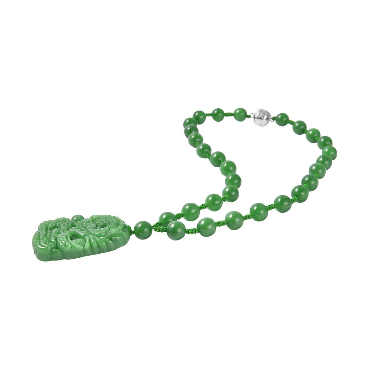 Green Jade Dragon Carved Pendant with Beaded Necklace 18 Inches in Sterling Silver 553.50 ctw image number 3