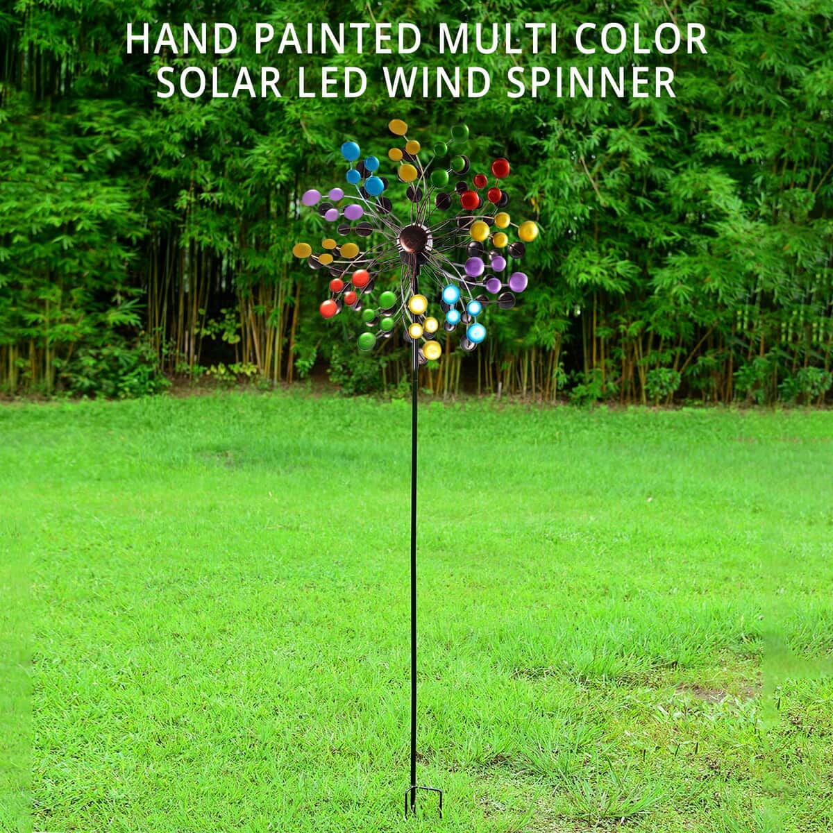 Hand Painted Multi Color Circles Solar LED Wind Spinner -Adjustable Height up to 70 Inches image number 1