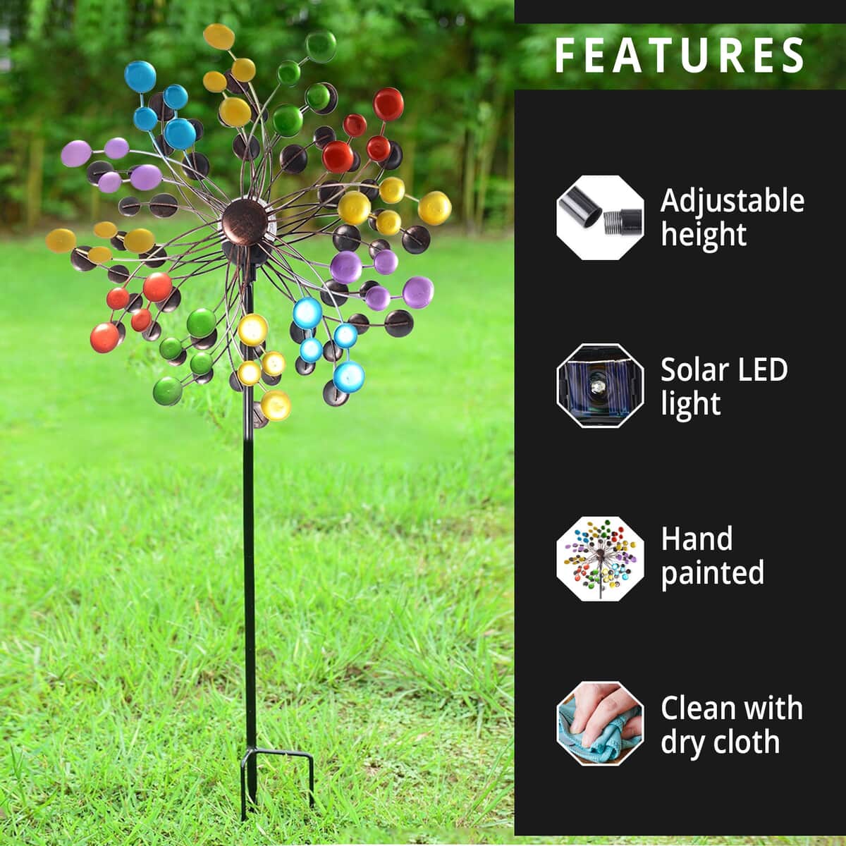 Hand Painted Multi Color Circles Solar LED Wind Spinner -Adjustable Height up to 70 Inches image number 2