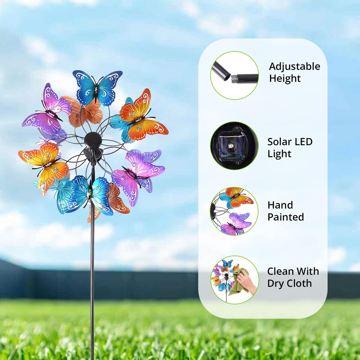 Hand Painted Multi Color Butterfly Solar LED Wind Spinner -Adjustable Height up to 70 Inches image number 1
