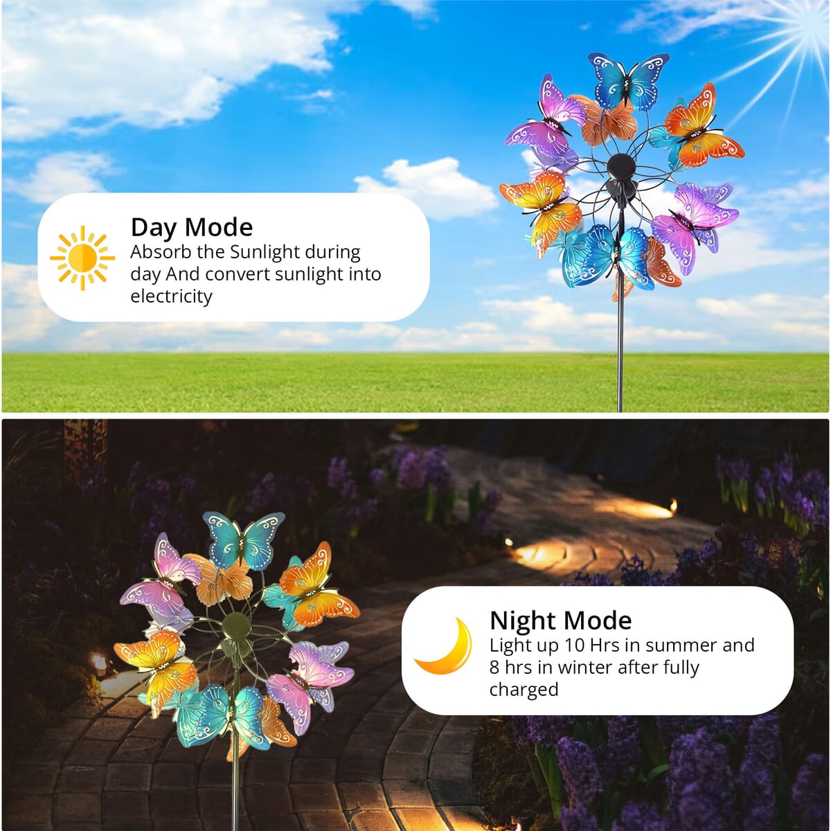Hand Painted Multi Color Butterfly Solar LED Wind Spinner -Adjustable Height up to 70 Inches image number 2