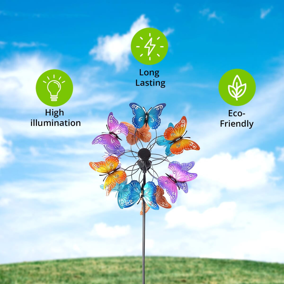 Hand Painted Multi Color Butterfly Solar LED Wind Spinner -Adjustable Height up to 70 Inches image number 4