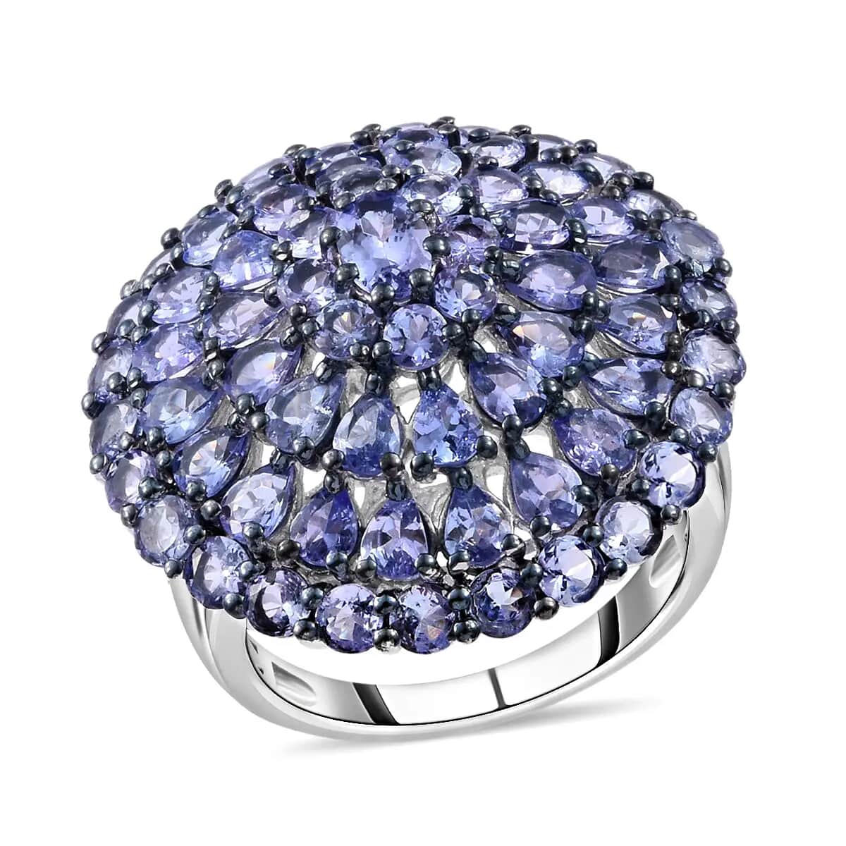 Tanzanite Ring in Rhodium and Platinum Over Sterling Silver, Tanzanite Cluster Ring, Floral Ring, Silver Ring, Wedding Ring For Her 8.80 ctw (Size 10.0) image number 0