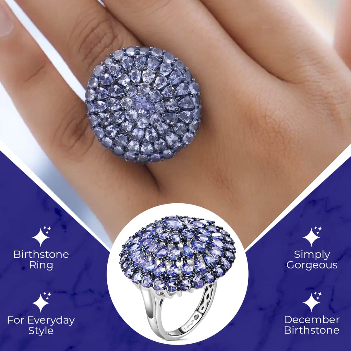 Tanzanite Ring in Rhodium and Platinum Over Sterling Silver, Tanzanite Cluster Ring, Floral Ring, Silver Ring, Wedding Ring For Her 8.80 ctw (Size 10.0) image number 2
