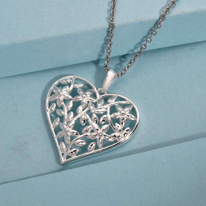 Sterling Silver Heart Pendant with Stainless Steel Necklace 20 Inches