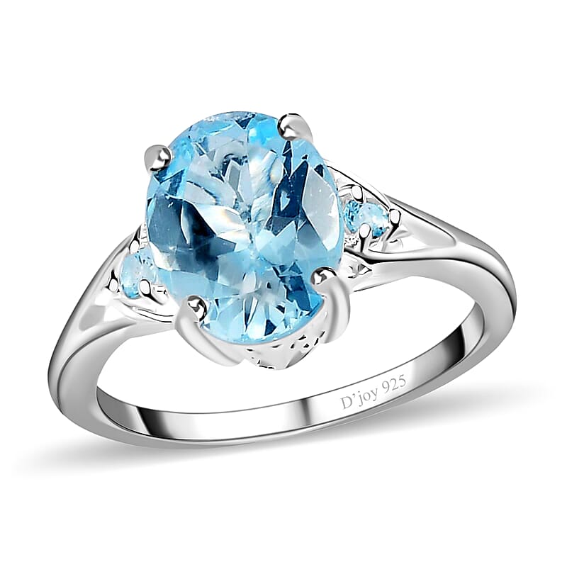 D'Joy Sky Blue Topaz Ring In Sterling Silver, Three Stone Ring For Women, Silver Ring 3.10 ctw (Size 10.0)
