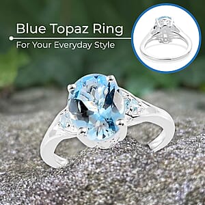 D'Joy Sky Blue Topaz Ring In Sterling Silver, Three Stone Ring For Women, Silver Ring 3.10 ctw (Size 10.0)