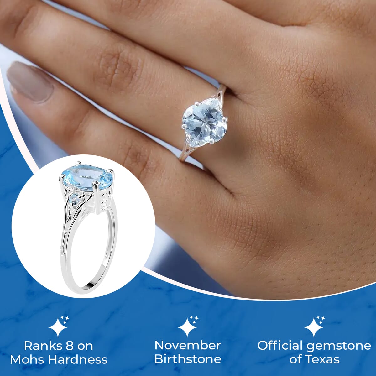 Sky Blue Topaz 3.10 ctw Ring In Sterling Silver, Three Stone Ring For Women, Silver Ring (Size 8.0) image number 2