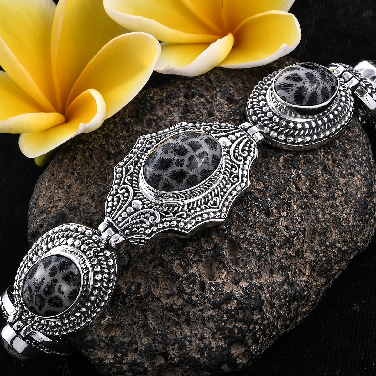 Bali Legacy Black Fossilized Coral Bracelet (7-7.5In) in Sterling Silver 39 Grams image number 1