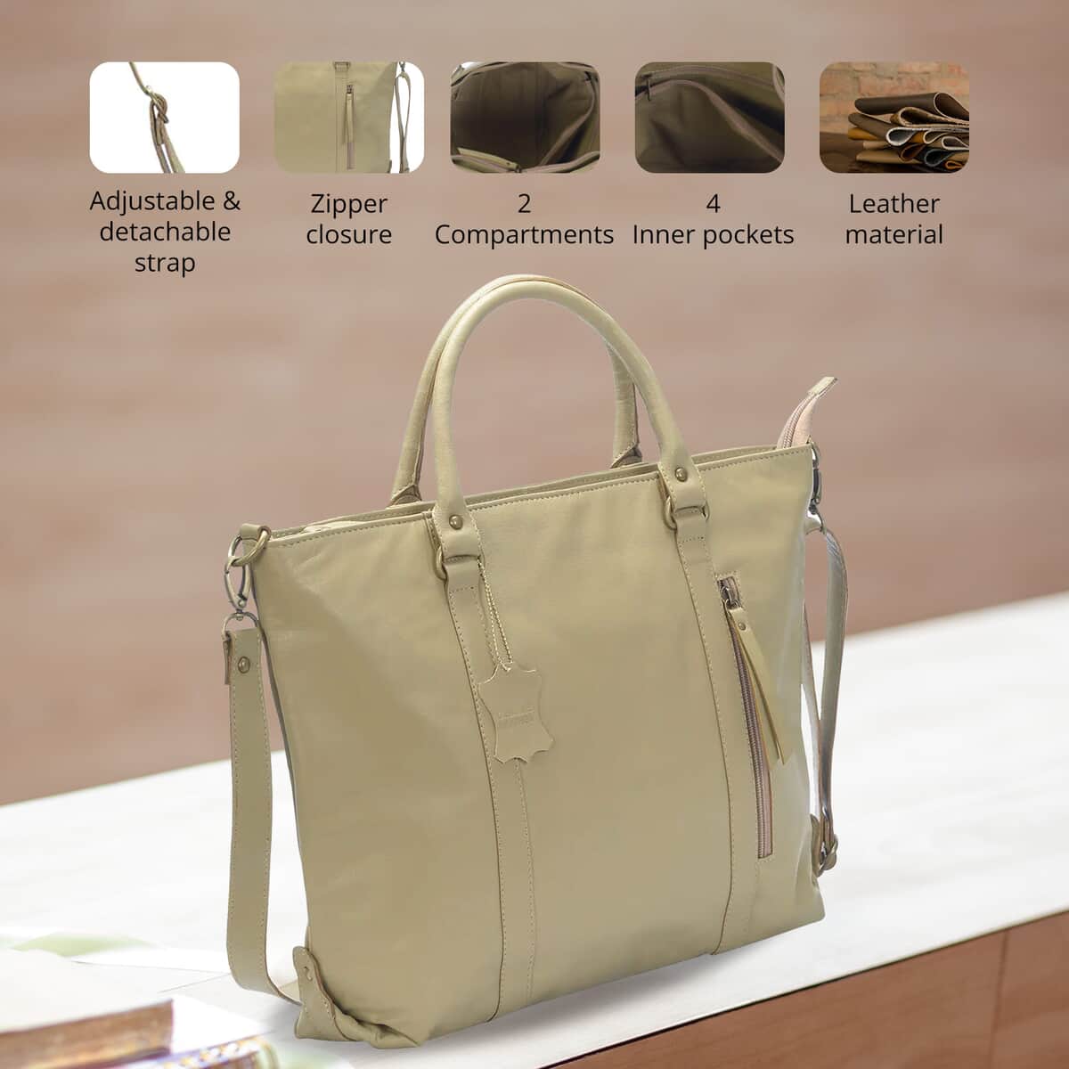 Sand Leather Handbag with Detachable Shoulder Strap image number 2