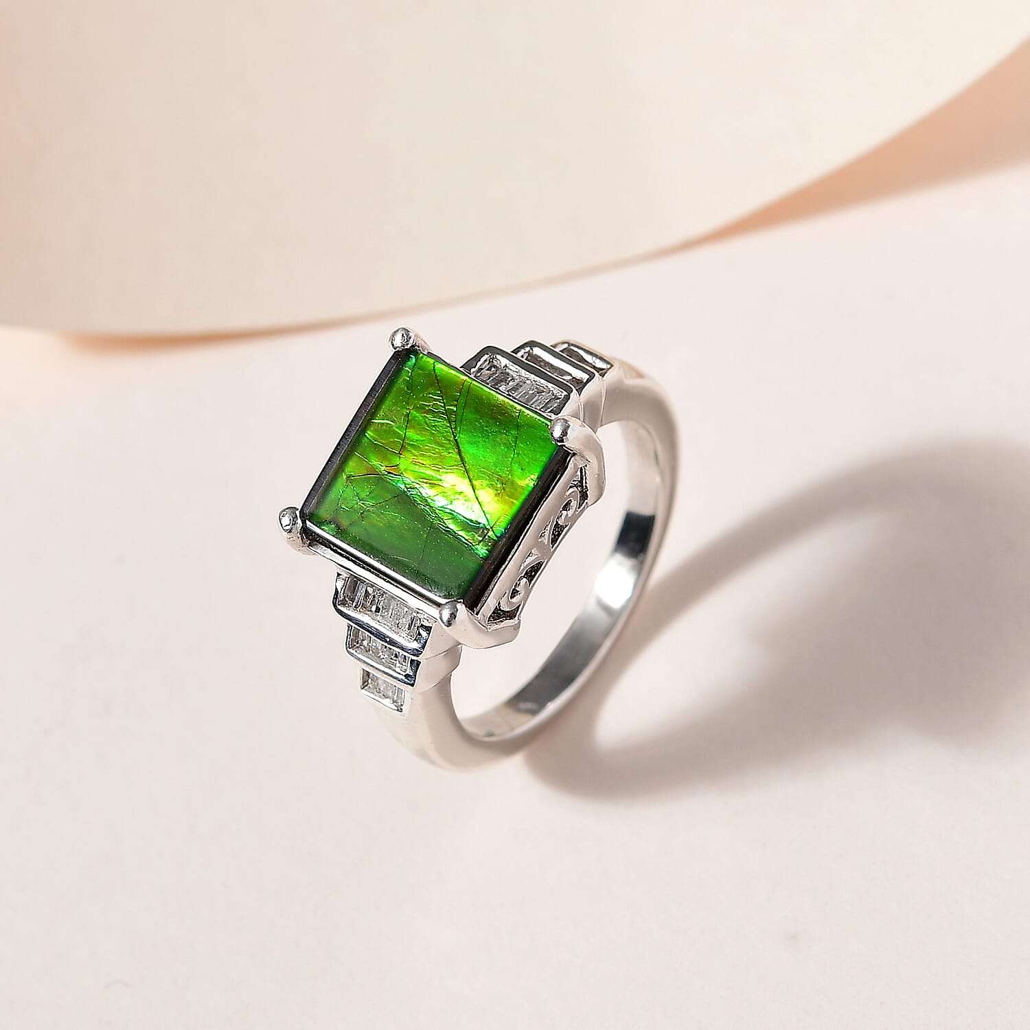 Canadian Ammolite and Diamond Ring in Platinum Over Sterling Silver (Size 10.0) 0.20 ctw
