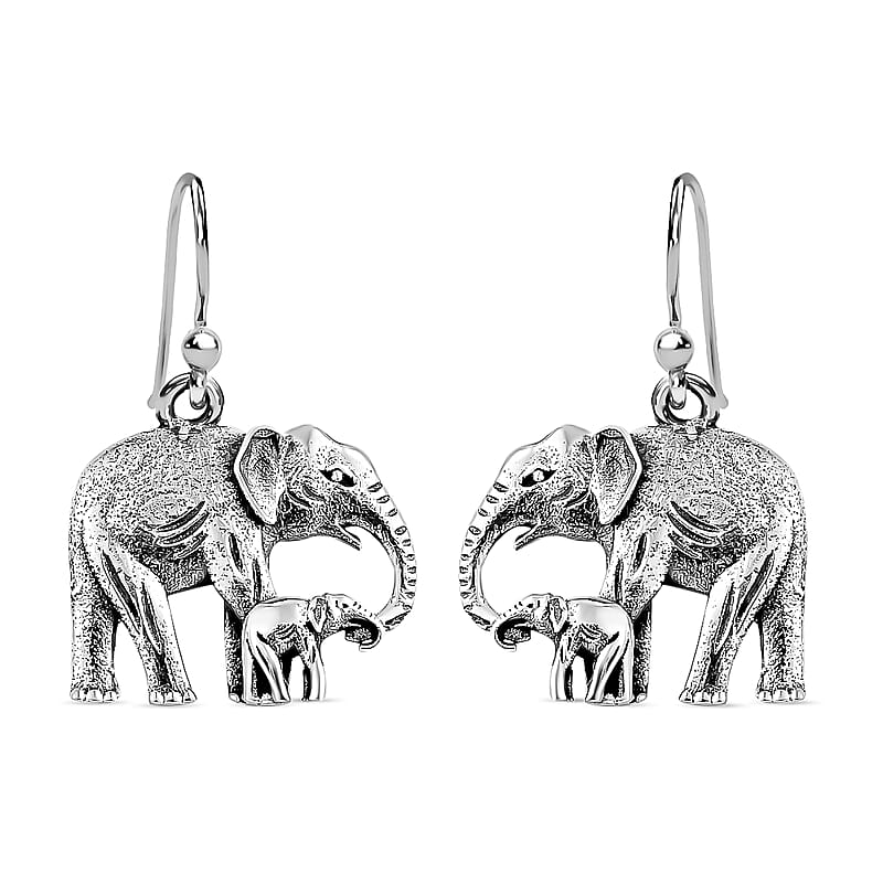 Elephant Earrings in Sterling Silver, Silver Earrings, Plain Metal Jewelry, Fish Hook Earrings 3.90 Grams