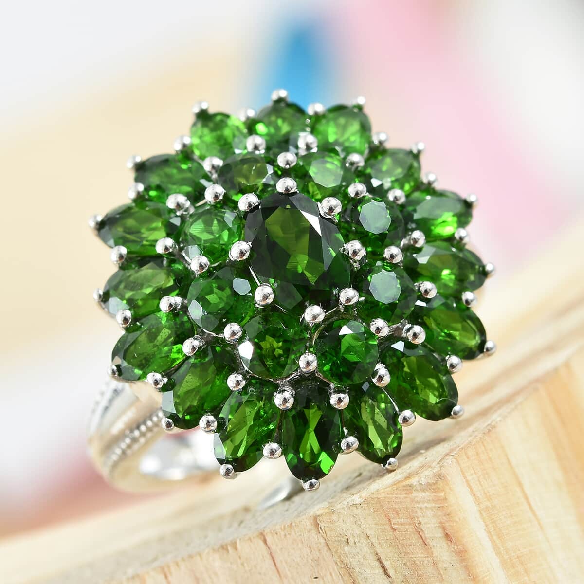 Chrome Diopside Cluster Ring in Platinum Over Sterling Silver|Flower Engagement Rings 6.00 ctw (Size 10) image number 1