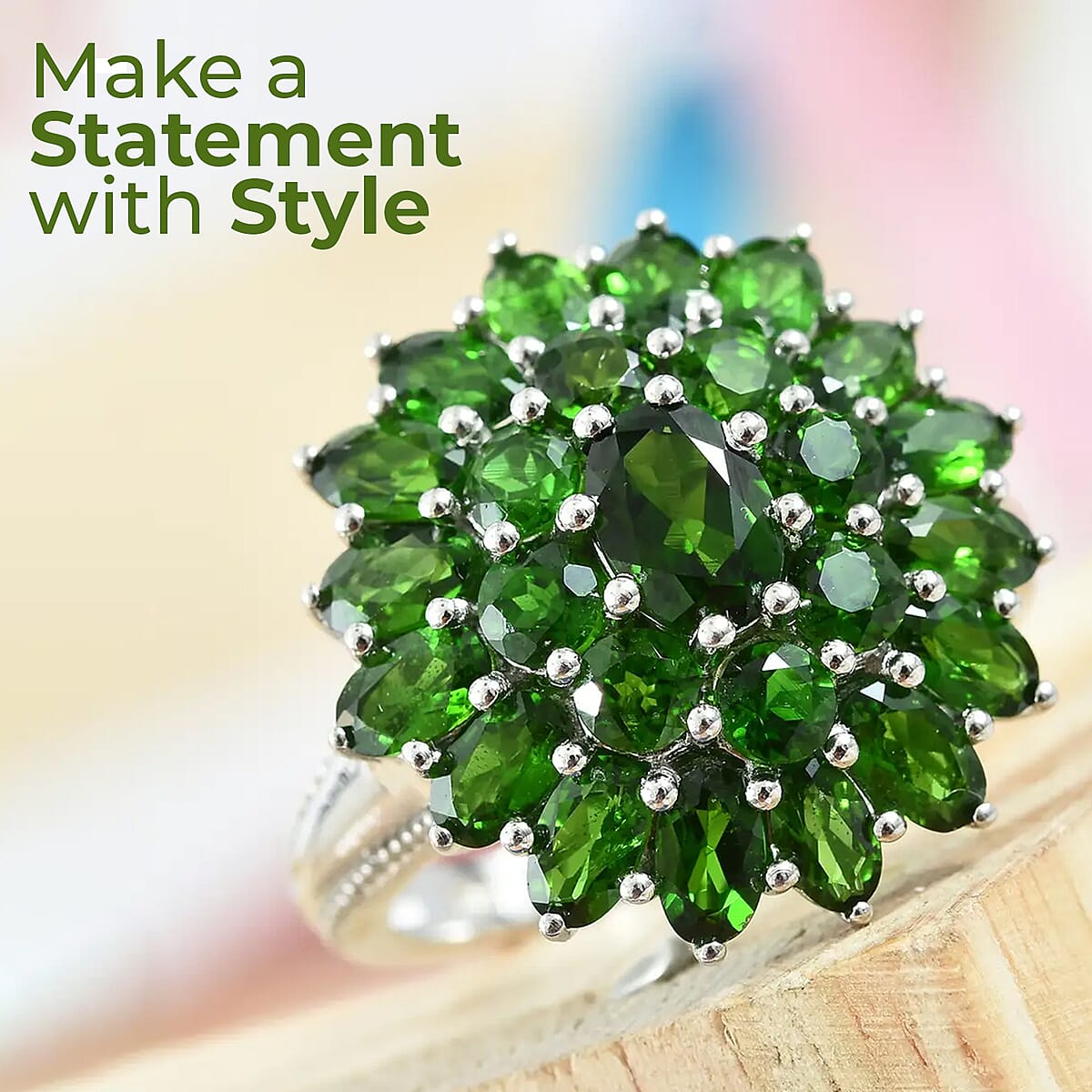 Chrome Diopside 6.00 ctw Cluster Ring in Platinum Over Sterling Silver,Flower Engagement Rings (Size 7) image number 1