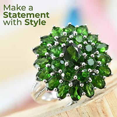 Chrome Diopside 6.00 ctw Cluster Ring in Platinum Over Sterling Silver,Flower Engagement Rings (Size 7)