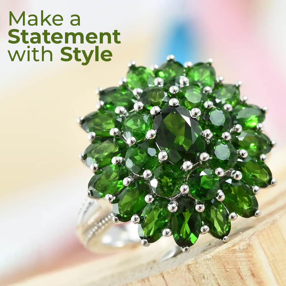 Chrome Diopside 6.00 ctw Cluster Ring in Platinum Over Sterling Silver, Flower Engagement Rings (Size 8.00) image number 1