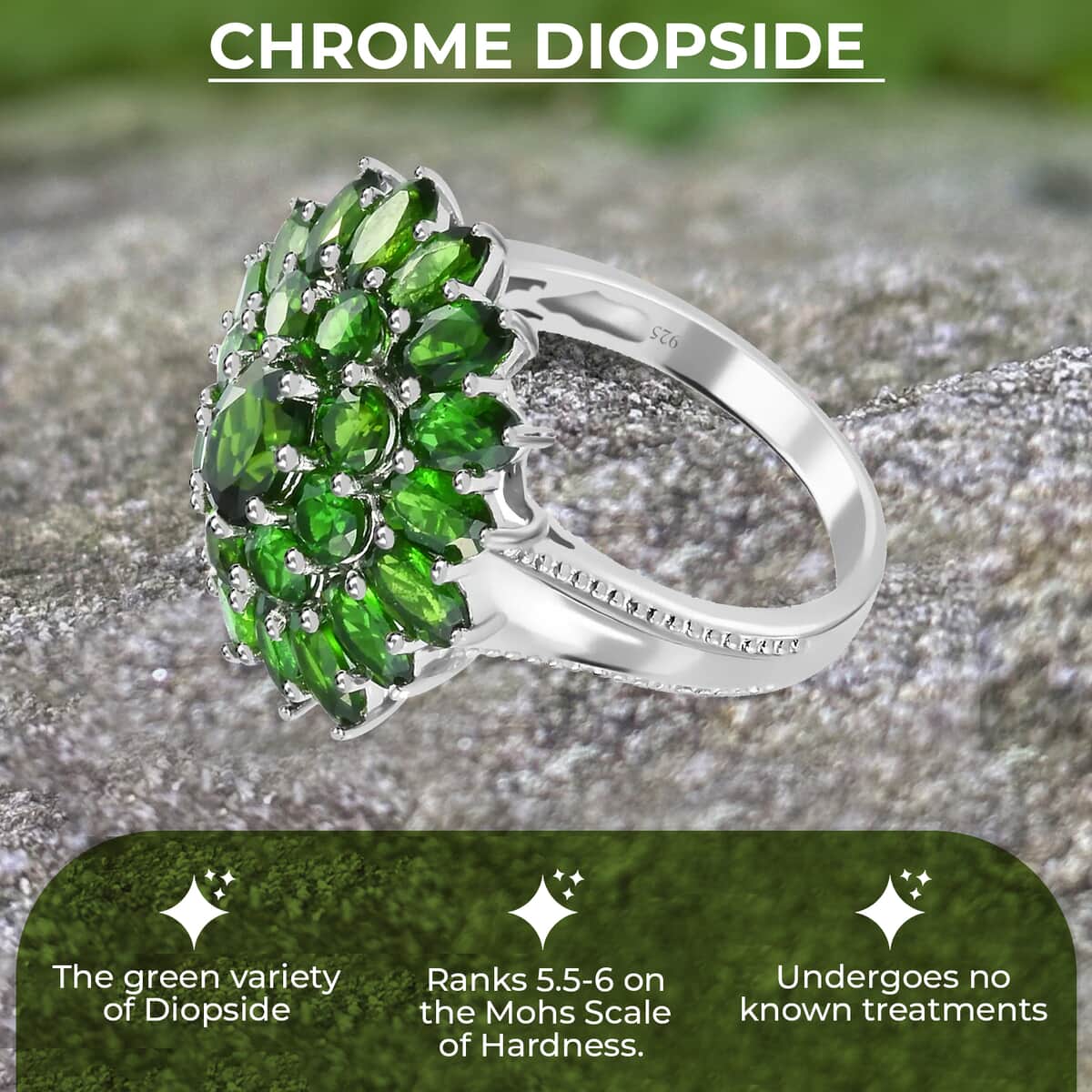 Chrome Diopside 6.00 ctw Cluster Ring in Platinum Over Sterling Silver, Flower Engagement Rings (Size 8.00) image number 3