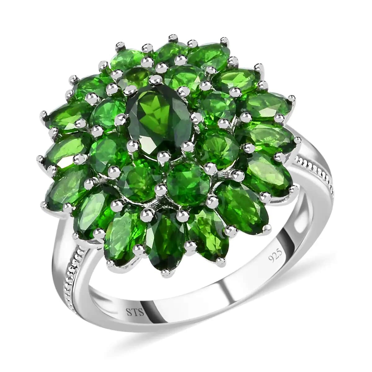 Chrome Diopside 6.00 ctw Cluster Ring in Platinum Over Sterling Silver, Flower Engagement Rings (Size 9.00) image number 0