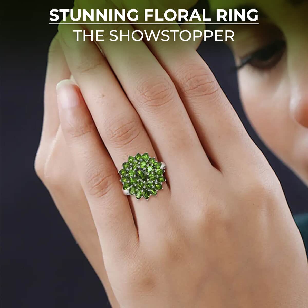 Chrome Diopside 6.00 ctw Cluster Ring in Platinum Over Sterling Silver, Flower Engagement Rings (Size 9.00) image number 2