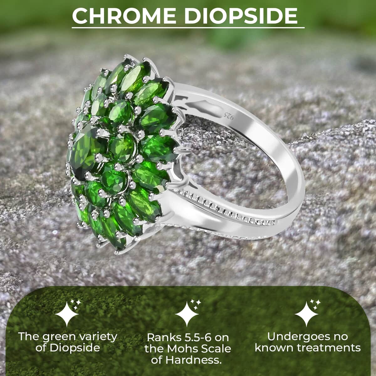 Chrome Diopside 6.00 ctw Cluster Ring in Platinum Over Sterling Silver, Flower Engagement Rings (Size 9.00) image number 3