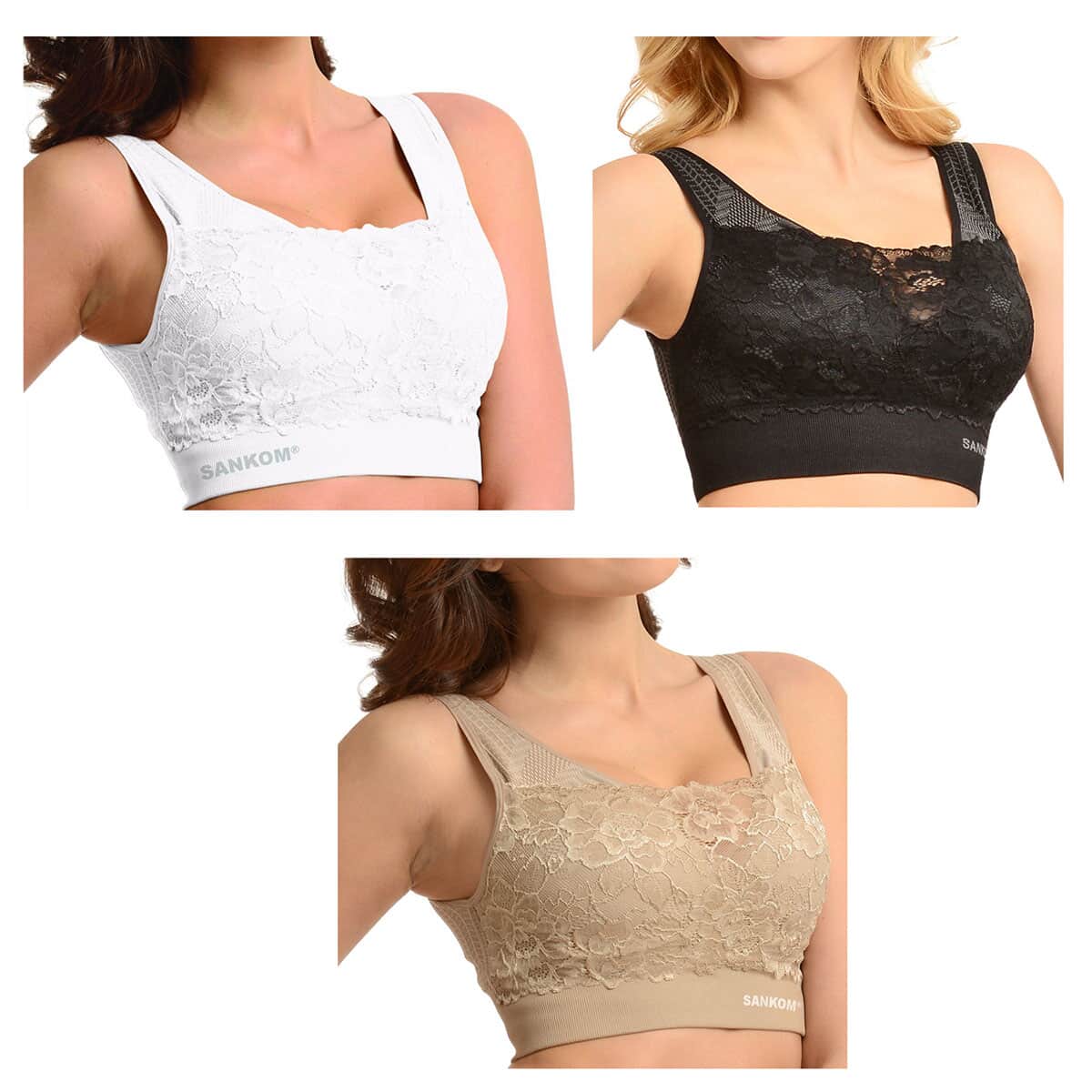 Set of 3 SANKOM Patent Classic Support & Posture Lace Bra- S/M |Black, Beige and White image number 0