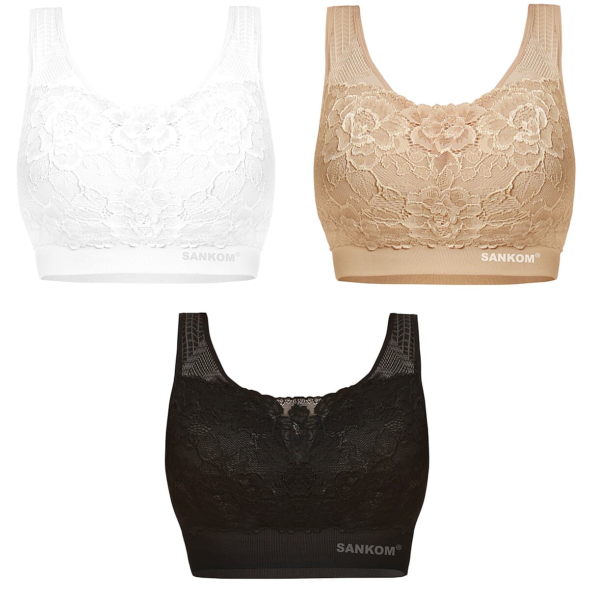 Set of 3 SANKOM Patent Classic Support & Posture Lace Bra- L/XL |Black, Beige and White image number 2