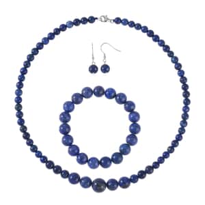 Lapis Lazuli 211.00 ctw Beaded Stretch Bracelet, Earrings and Necklace (18 Inches) with Lobster Clasp in Sterling Silver