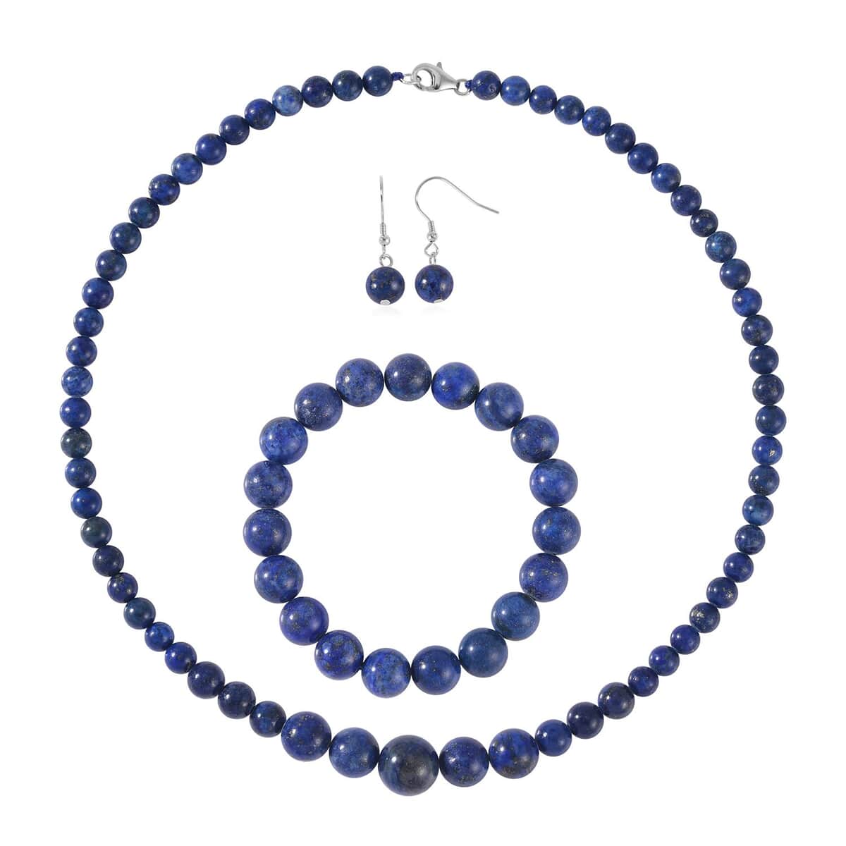 Lapis Lazuli Beaded Stretch Bracelet, Earrings and Necklace (18 Inches) with Lobster Clasp in Sterling Silver 211.00 ctw image number 0