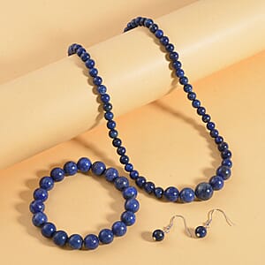 Lapis Lazuli 211.00 ctw Beaded Stretch Bracelet, Earrings and Necklace (18 Inches) with Lobster Clasp in Sterling Silver