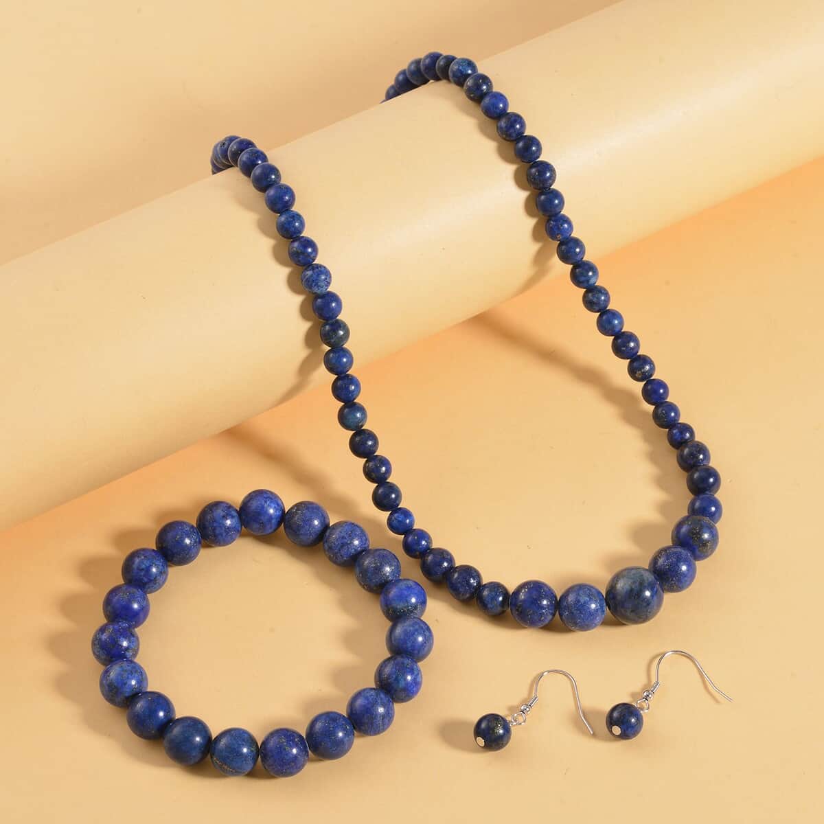 Lapis Lazuli Beaded Stretch Bracelet, Earrings and Necklace (18 Inches) with Lobster Clasp in Sterling Silver 211.00 ctw image number 1