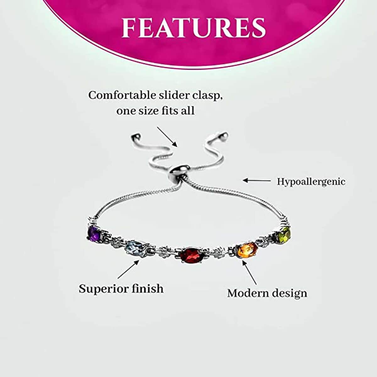Multi Gemstone Bolo Bracelet in Stainless Steel 2.50 ctw image number 4