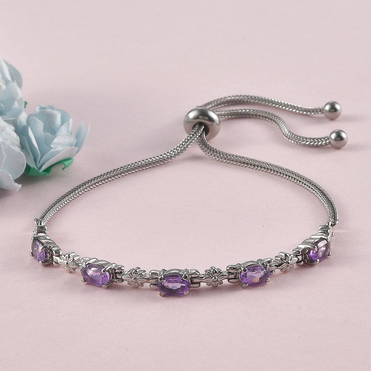 African Amethyst Bolo 2.40 ctw Bracelet in Stainless Steel
