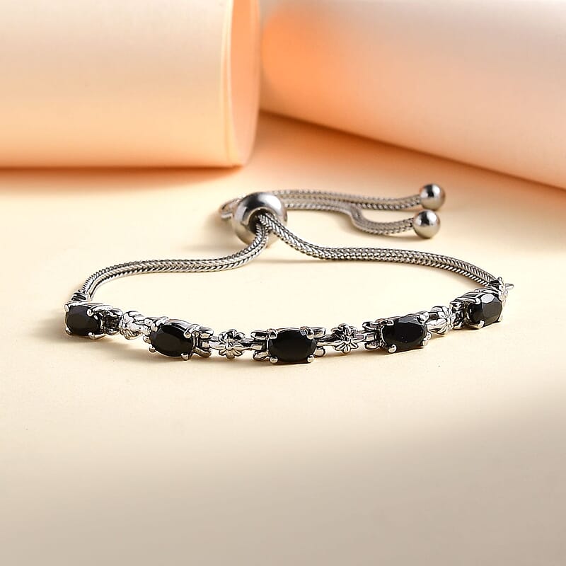 EverTrue Thai Black Spinel 2.85 ctw Bolo Bracelet in Stainless Steel