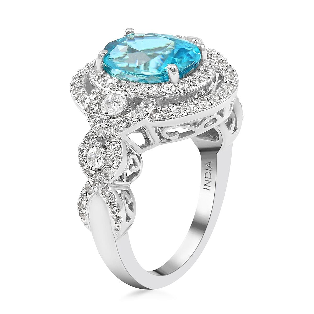 Blue Zircon and Zircon 5.96 ctw Ring in 14K White Gold 6.75 Grams (Size 10)