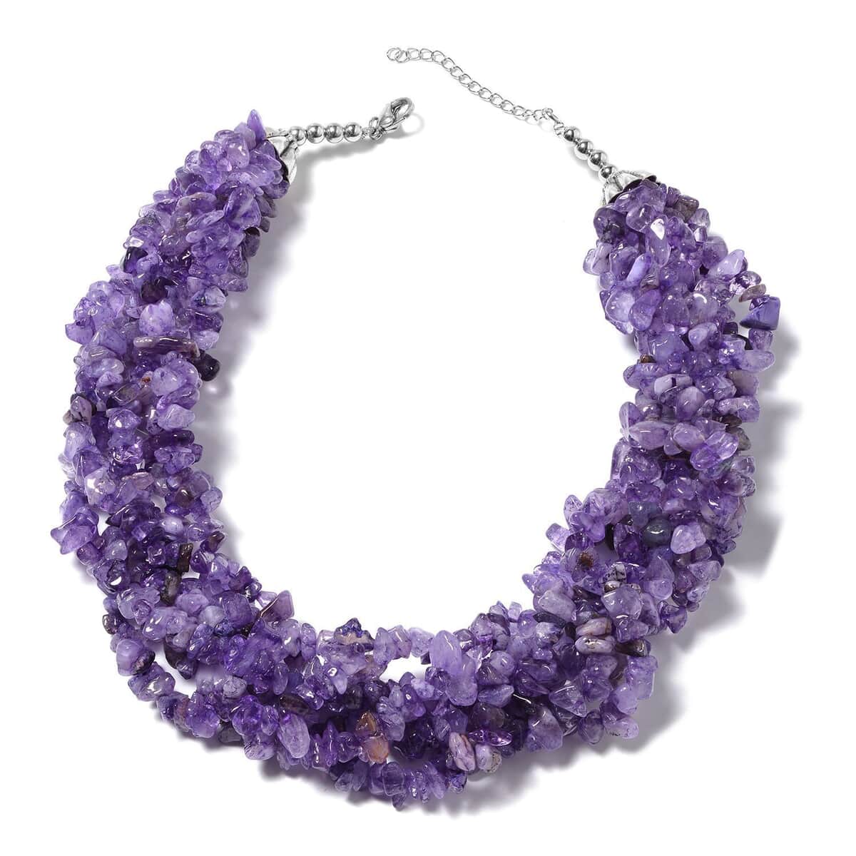 Amethyst Chips Multi Strand Necklace 18-20 Inches in Oxidized Silvertone and Stainless Steel 994.00 ctw image number 0