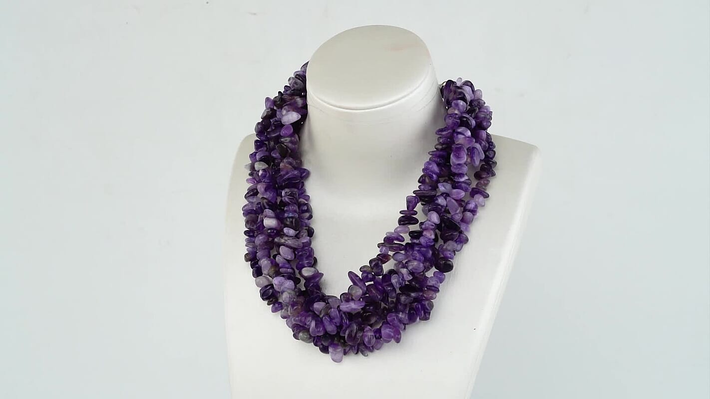 994.00 ctw Amethyst Chips Necklace 16-18 Inches in Oxidized Silvertone and Stainless Steel