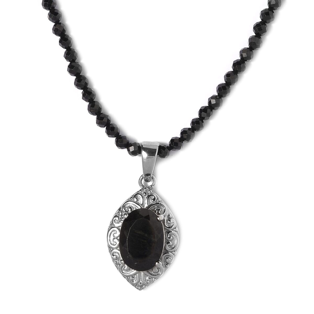 Australian Black Tourmaline 67.75 ctw Pendant With Quartzite Beaded Necklace 20 Inches in Stainless Steel image number 0